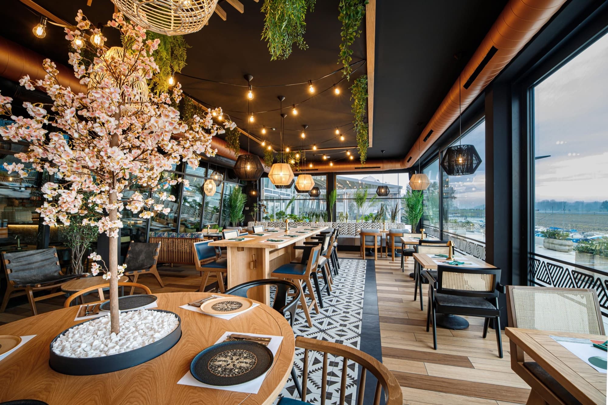 Warm, plant-filled interior of Pépé restaurant